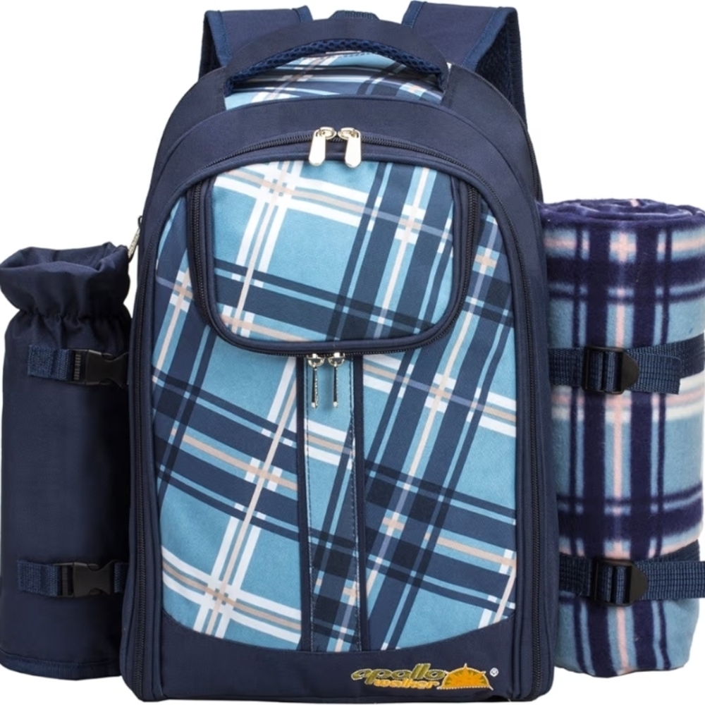 VonShef Plaid Blue 2 - person Picnic Backpack with Blanket New Without Tags